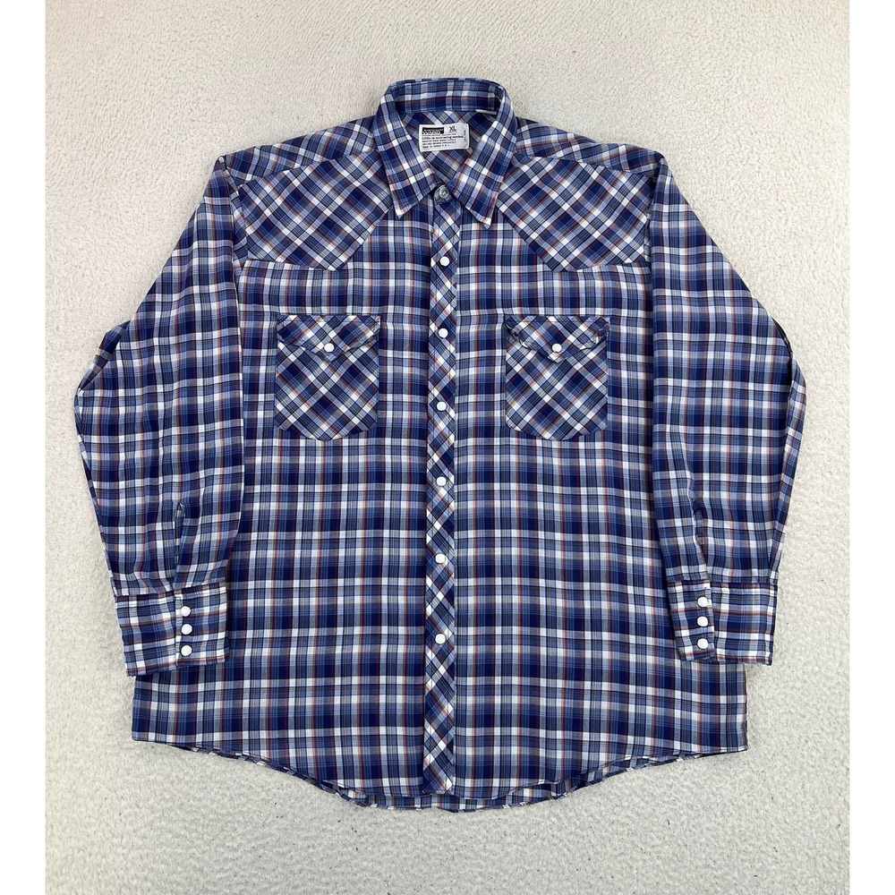 Vintage Montgomery Ward Western Shirt Men's XL Blue Plaid Pearl Snap Long Sleeve
